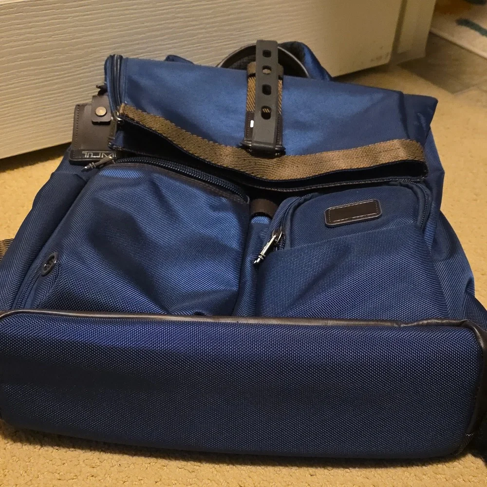 Tumi Navy and Brown Roll-Top Backpack